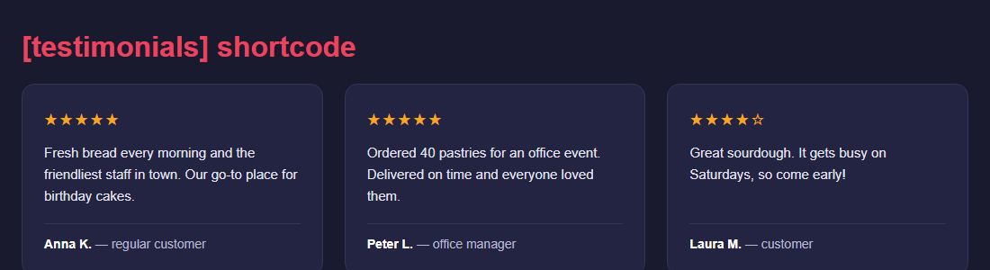 Testimonials grid with 3 fictional bakery reviews rendered on the frontend